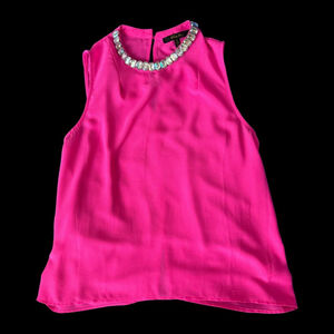 Clara Story Hot Pink Sleeveless Blouse | Jeweled Collar Statement Top | Small